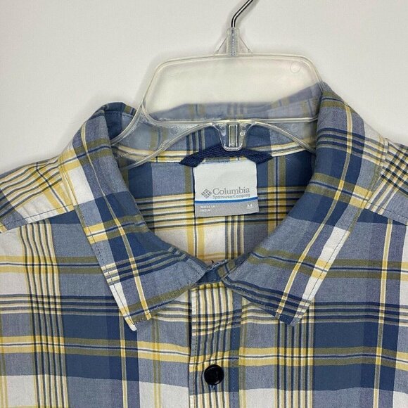 Columbia Sz Medium Short-Sleeve Button-Down Plaid Shirt Blue Yellow White - Picture 2 of 5